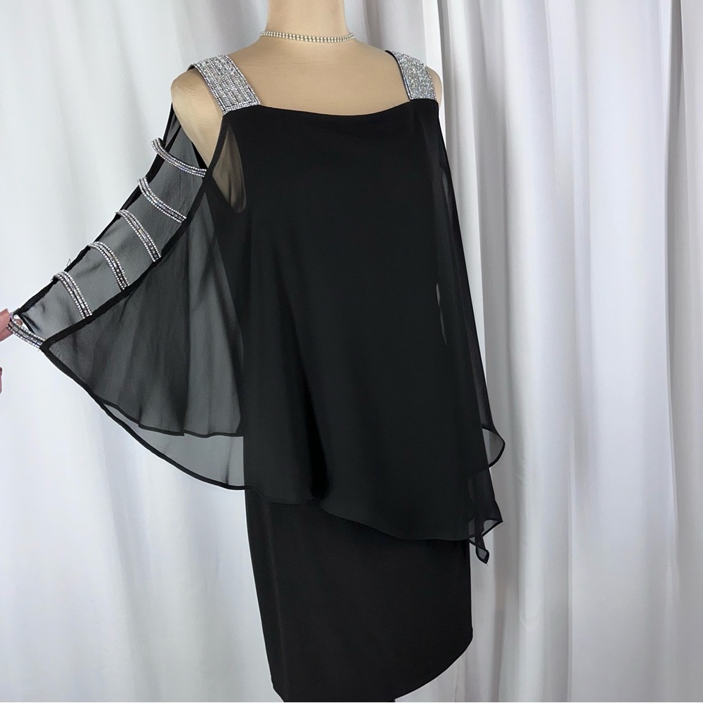 MSK Womens Black Chiffon Rhinestone Trim Boatneck 3/4 Sleeve Dress‎ Size M
